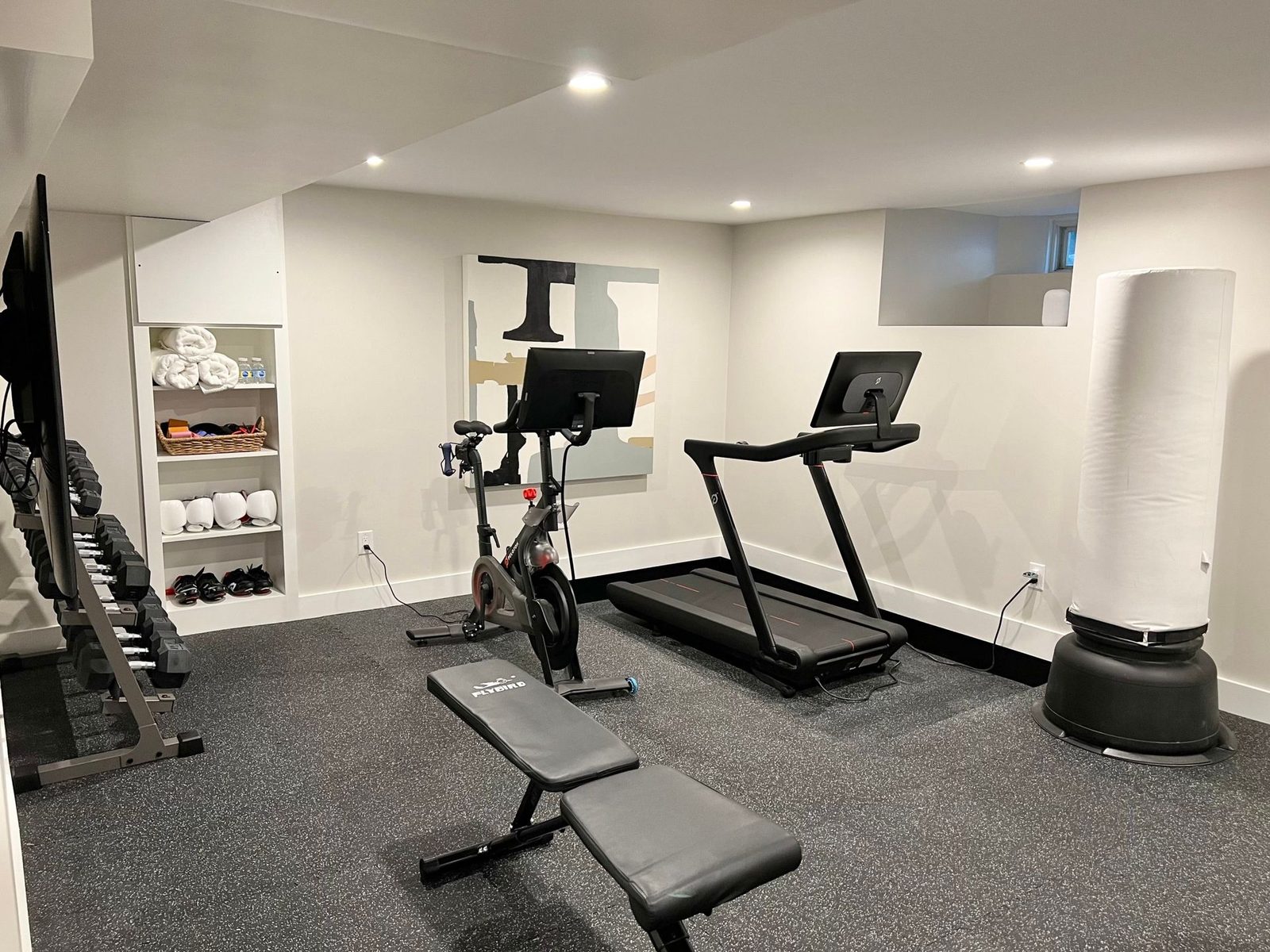 Basement home gym with a treadmill, exercise bike, free weights and a wall screen